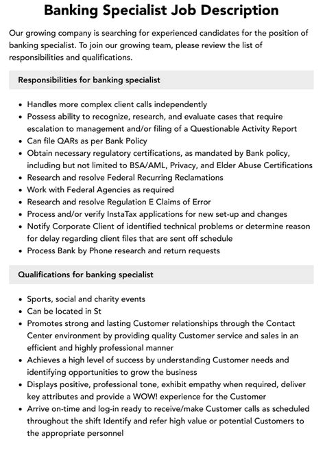 electronic banking specialist job description|business banking specialist job description.